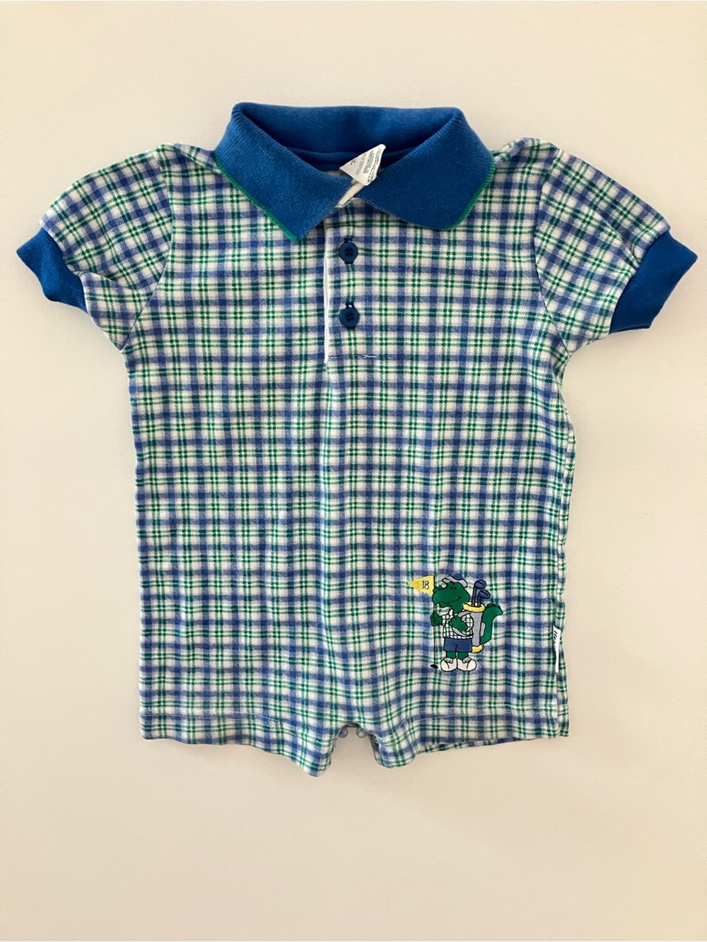 Vintage Healthtex 18m Blue & Green Plaid Golf Alligator Polo Romper